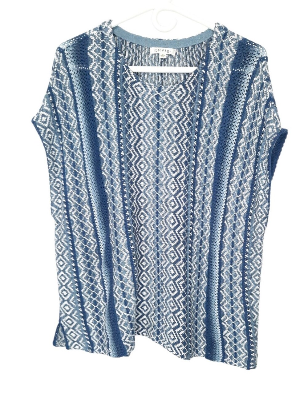 Orvis Cotton Linen Oversized Knit Poncho Sweater Top Blue White Womens Size XS